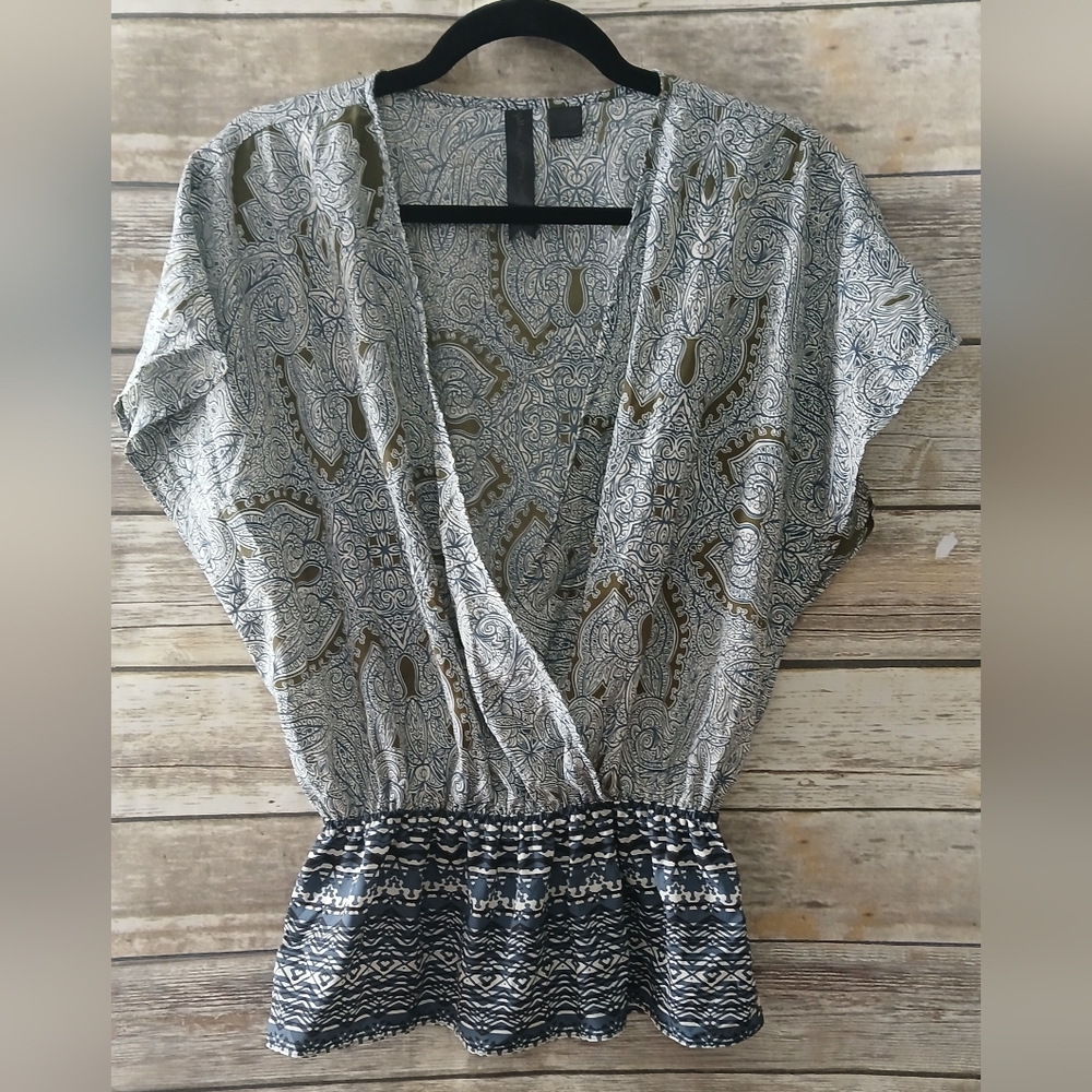 Elegant Paisley Wrap Look Top, Size M
